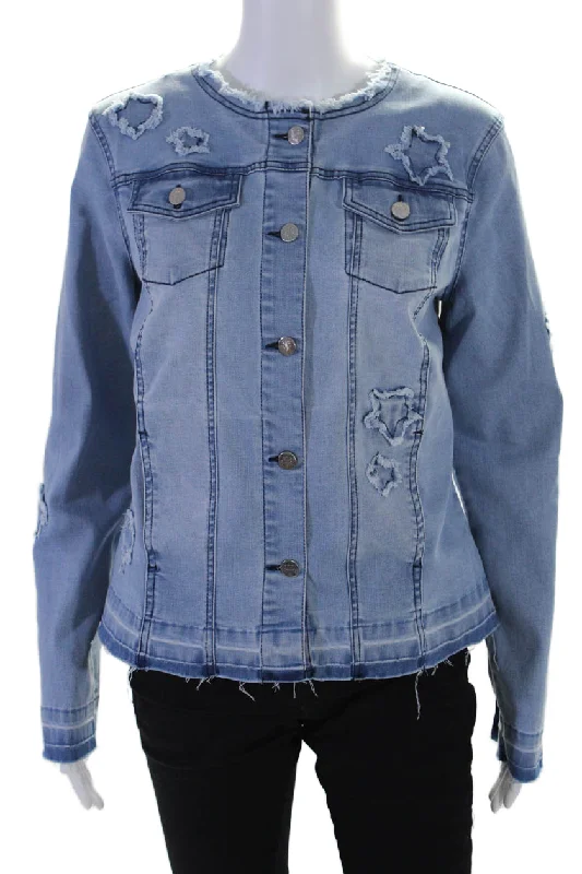 Renuar Womens Cotton Denim Star Embroidery Button Down Jean Jacket Blue Hooded Caped Shawl Collar