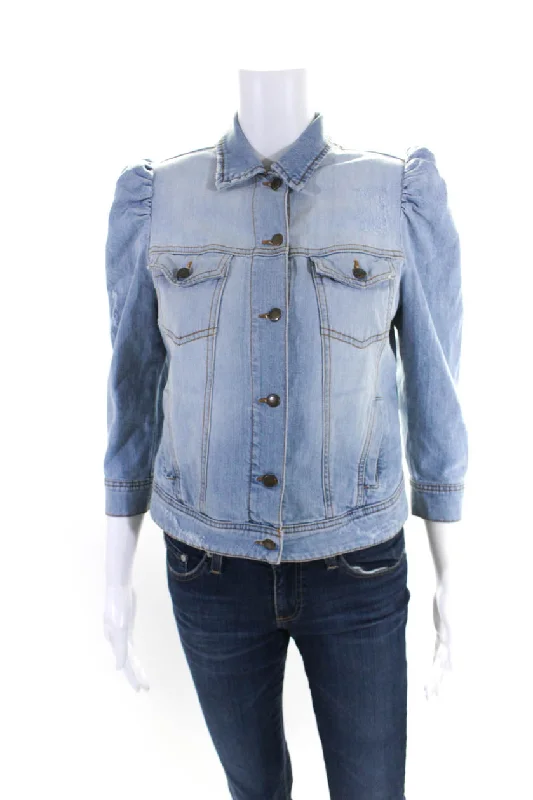 Retrofete Women's Long Sleeves Light Wash Button Up Jean Jacket Anti-Pilling Machine Wash Handmade