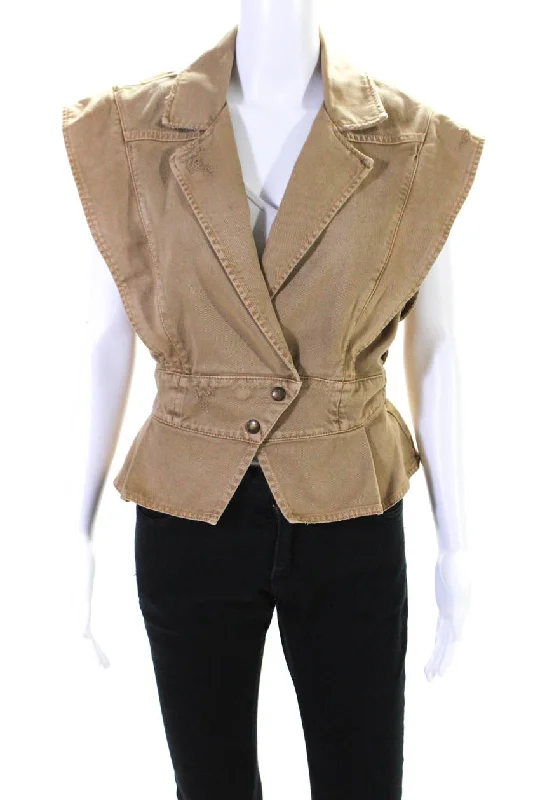 Retrofete Womens Two Button Distressed Denim Vest Jacket Brown Silk Blend Satin Velvet