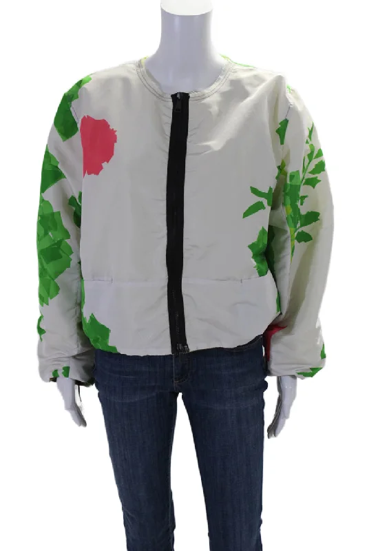 Rohka Womens Front Zip Abstract Cropped Summer Bomber Jacket White One Welt Pockets Slit Pockets Flap Pockets