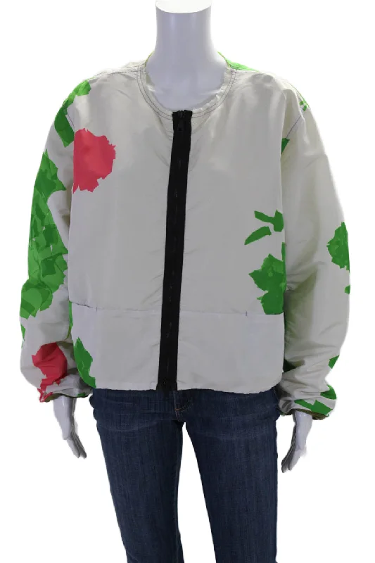 Rohka Womens Front Zip Cropped Summer Bomber Jacket White One Solid Print Embellished