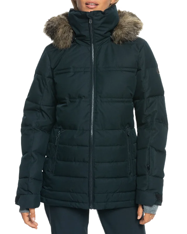 Roxy Women's Quinn Technical Snow Jacket - True Black Hooded Caped Shawl Collar