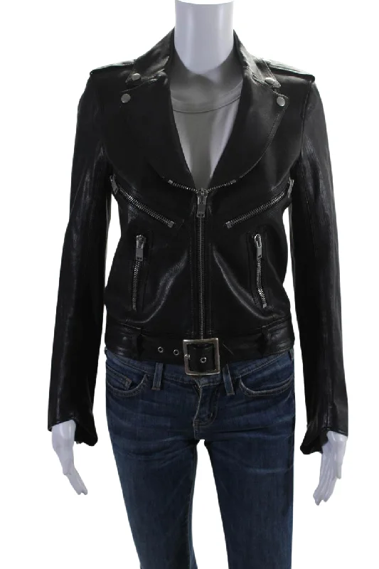 Saint Laurent Womens Leather Silver Tone hardware Biker Jacket Black Boxy Fit Fitted Loose