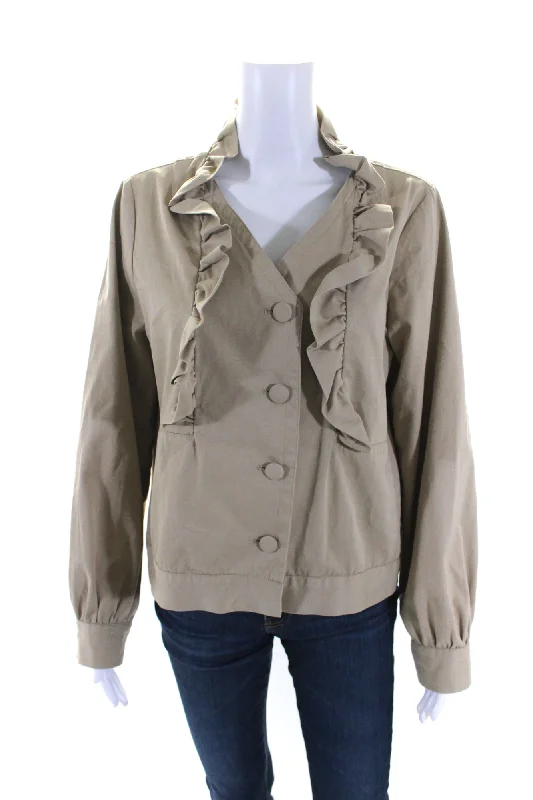 Sibel Saral Womens Ruffled Button Down Jacket Khaki Beige Cotton Chenille Blend Fleece Blend Nylon Blend