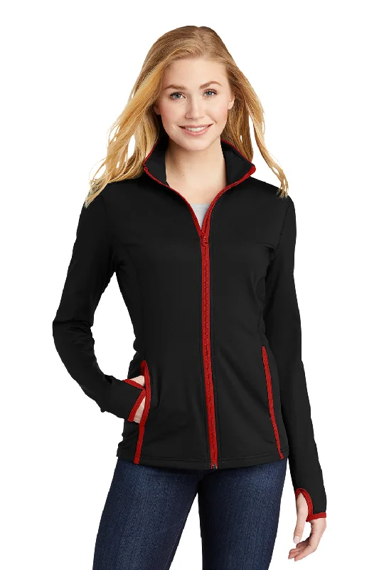 Sport-Tek Womens Sport-Wick Moisture Wicking Full Zip Jacket - Black/True Red Hooded Caped Shawl Collar