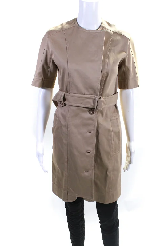 Sportmax Womens Cotton Button Up Belted Short Sleeve Coat Jacket Khaki Handmade Hand-knitted Hand-woven