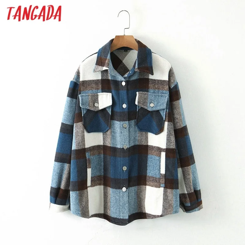 Tangada 2020 Autumn Winter Women Blue Plaid Long Coat Jacket Pocket Casual Warm Overcoat Fashion Outwear Tops QW12 Front Pockets Side Pockets Patch Pockets