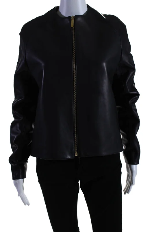 The Row Womens Black Leather Silk Lining Full Zip Crew Neck Jacket Boxy Fit Fitted Loose