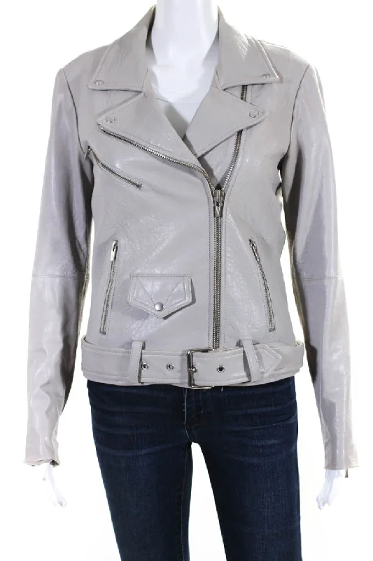 Veda Womens Asymmetrical Leather Belted Moto Jacket Gray Cotton Fabric Linen Fabric Terry Fabric