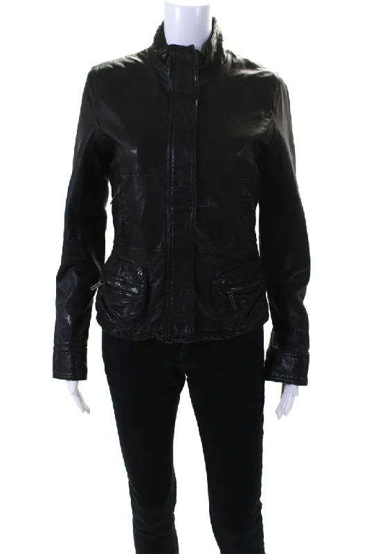 Vince Womens Black Leather Full Zip Mock Neck Long Sleeve Motorcycle Jacket Terry Blend Velvet Blend Canvas Blend