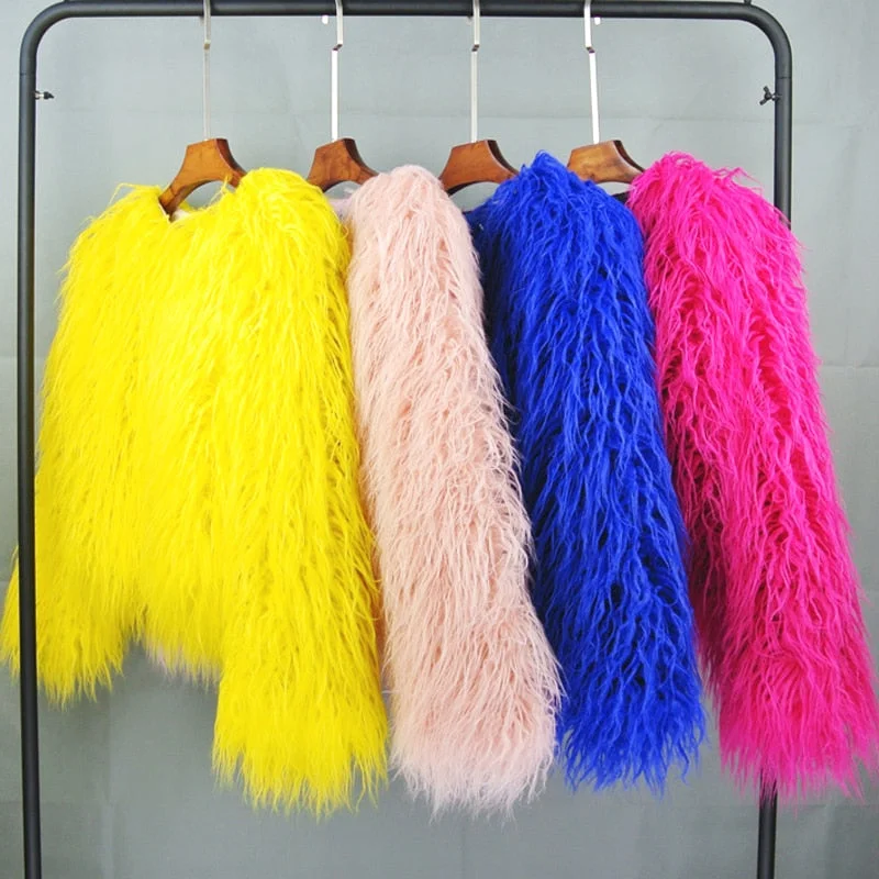 ZADORIN Colorful Boho Furry Faux Fur Coat Plus Size Women Fur Coats Autumn Winter Pink Faux Fur Shaggy Jacket fourrure bontjas Satin Blend Silk Blend Wool Blend