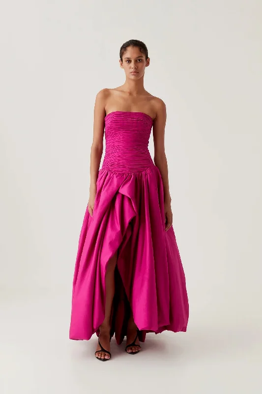 Aje Violette Bubble Hem Maxi Dress - Deep Magenta Trendy Off-Shoulder Ruffle Maxi Dress