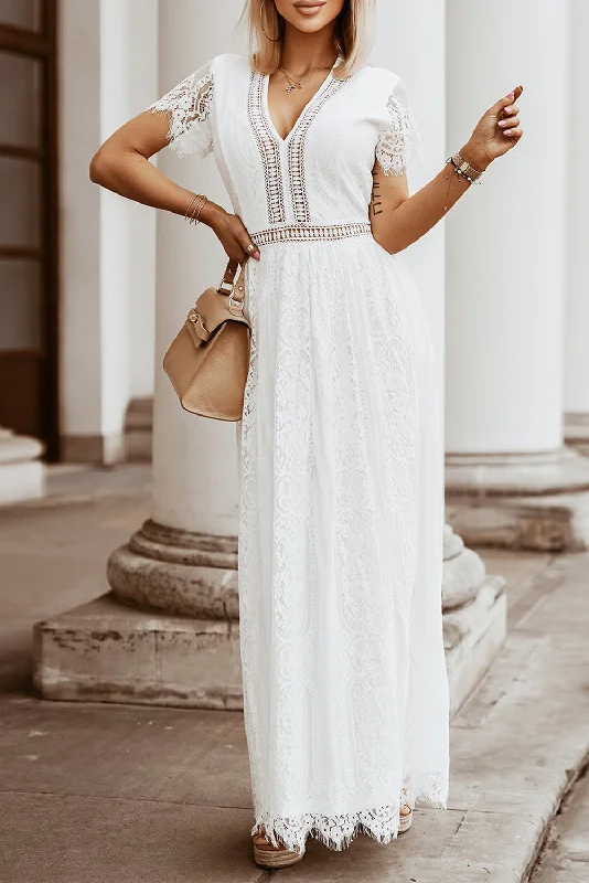 Elegant White Boho Lace Maxi Dresses Trendy Maxi Dress with Belt