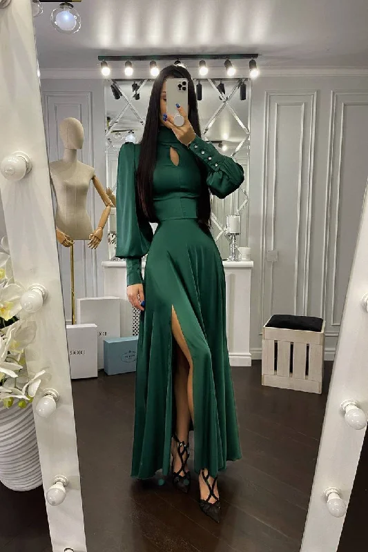 Emerald Puff-Sleeve Turtleneck Maxi Dress Fashionable Chiffon Tiered Maxi Dress