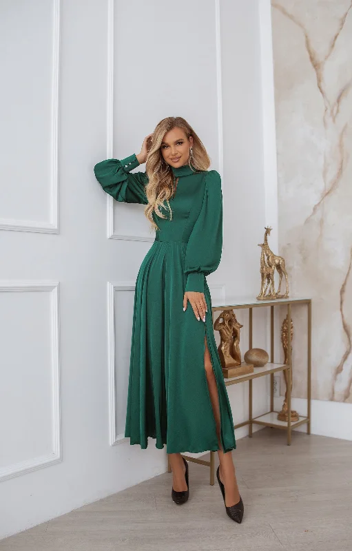 Emerald Silk Long Sleeve Maxi Dress Stylish One-Shoulder Maxi Dress