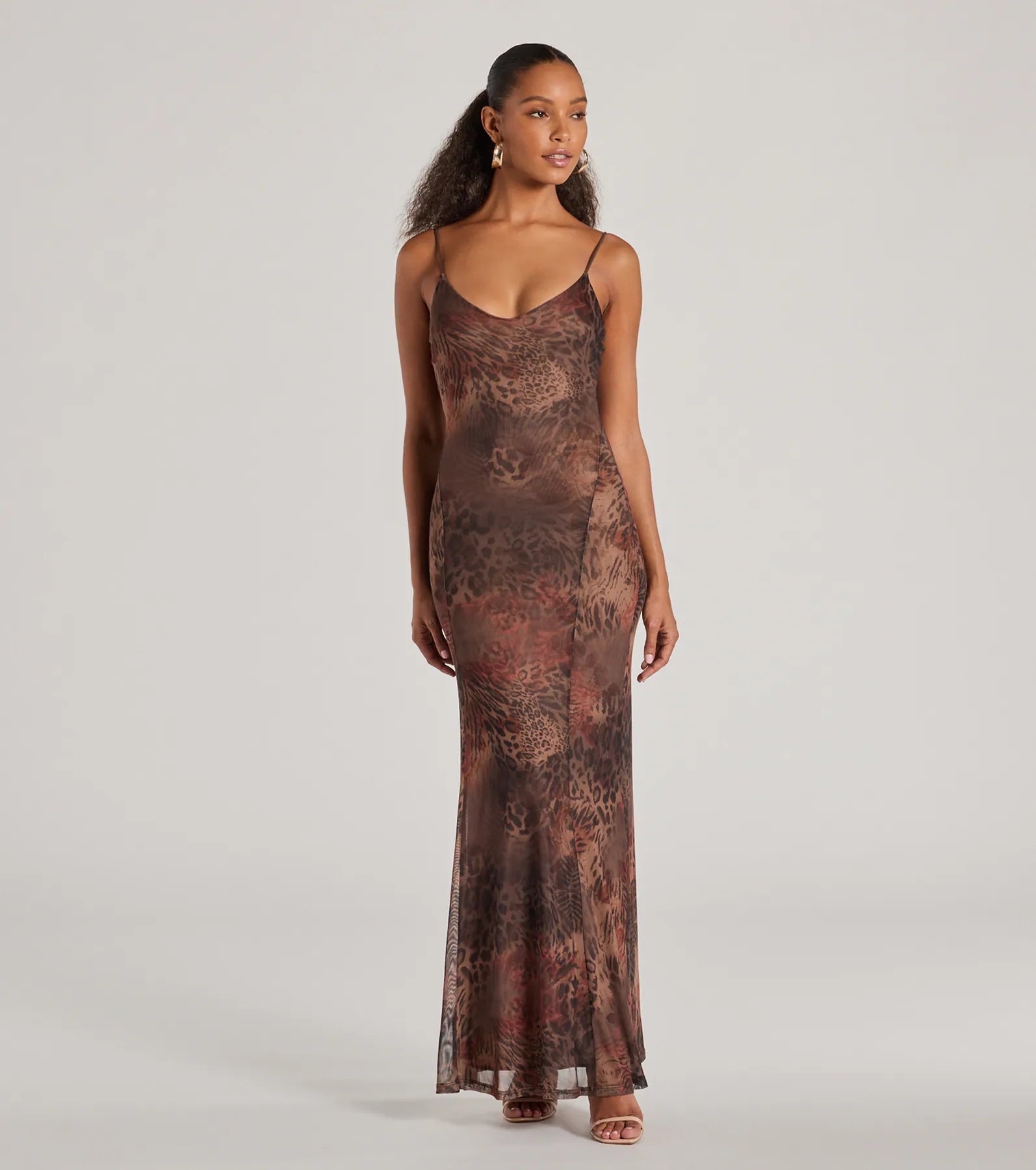 Fierce Allure Leopard Print Mesh Maxi Dress Comfortable Pleated Maxi Dress