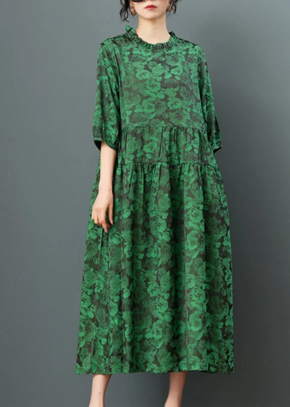 Green O-Neck Print Drawstring Maxi Dress Half Sleeve Comfortable Maxi Dress with Sleeves