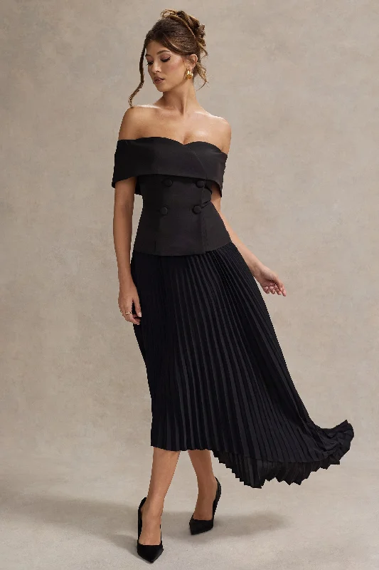 Hattie | Black Bardot Tailored Maxi Dress With Plisse Skirt Cozy Knit Maxi Dress