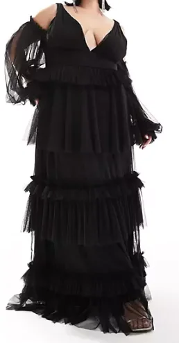 Lace & Beads Plus Sheer Sleeve Tulle Tiered Maxi Dress Cozy Cold-Shoulder Maxi Dress