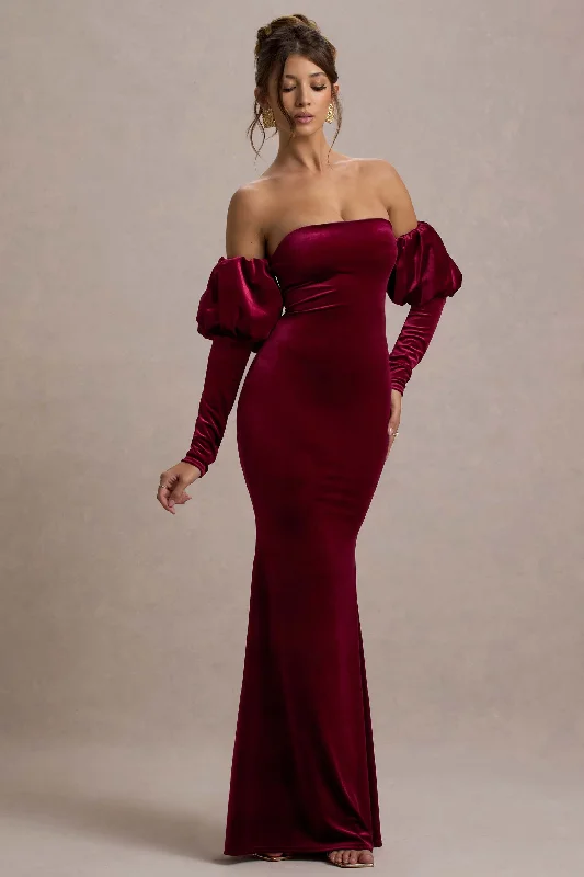 Neoma | Berry Velvet Bardot Puff-Sleeve Maxi Dress Comfortable Pleated Maxi Dress