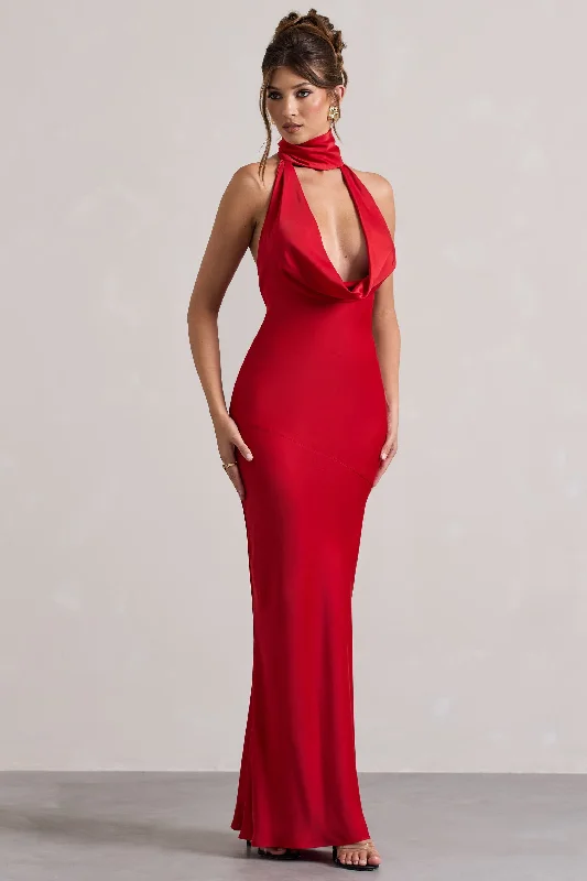 Matea | Red Satin Cowl-Neck Maxi Dress Stylish Off-Shoulder Maxi Dress