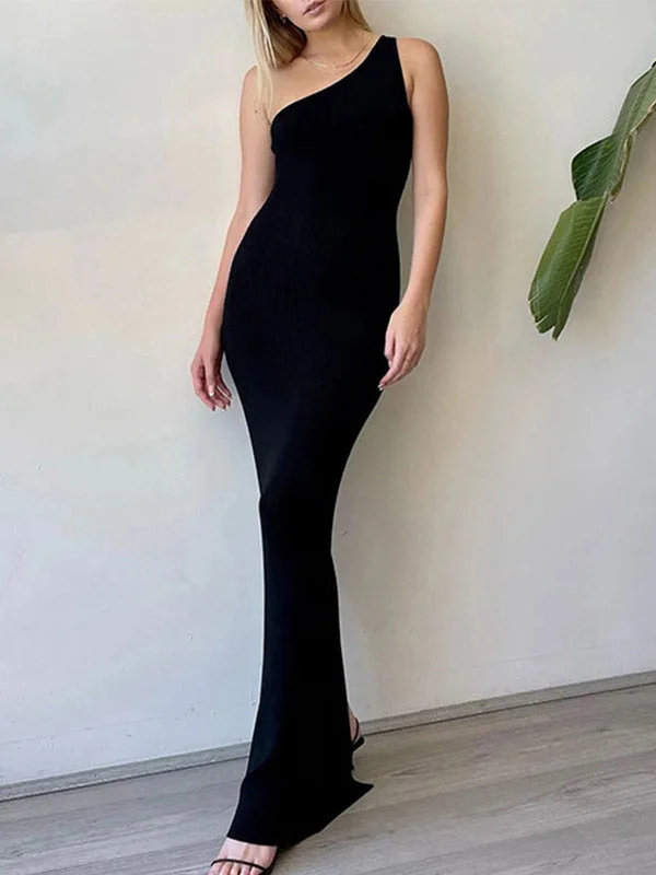 Backless Split One Shoulder Ribbed Maxi Dress Stylish Boho Chic Maxi Dress