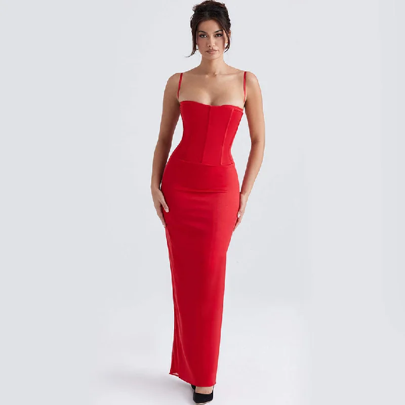 Sleeveless Corset Evening Maxi Dress - Red Stylish Long Sleeve Maxi Dress