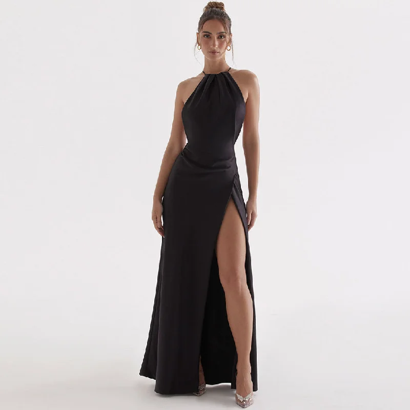 High Split Sleeveless Evening Maxi Dress - Black Elegant Silk Maxi Dress