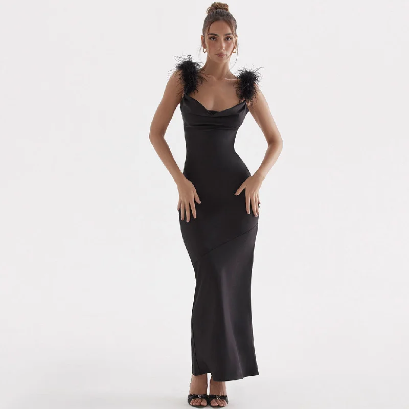 Trim Cowl Neck Sleeveless Gown Maxi Dress - Black Comfortable Bohemian Maxi Dress