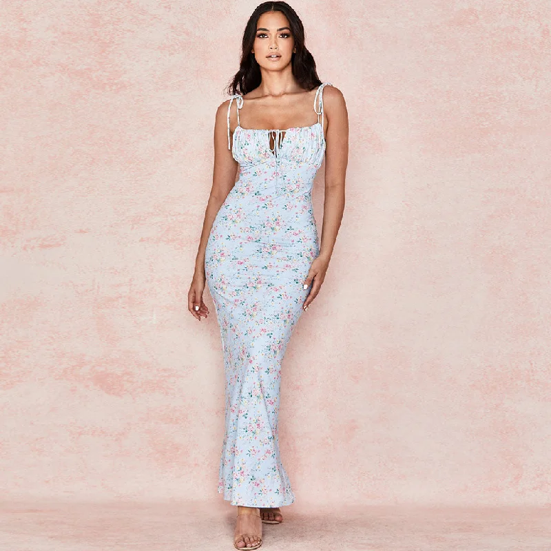 Daisy Printed Floss Strap Tied Bustier Slip Maxi Dress - Blue Trendy Short Sleeve Maxi Dress