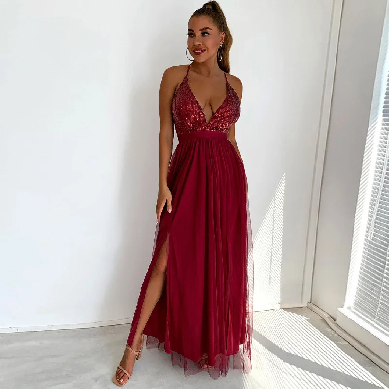 Sparkly Sequin Panel Mesh Deep V Evening Maxi Dress - Burgundy Casual Maxi Dress with Pockets