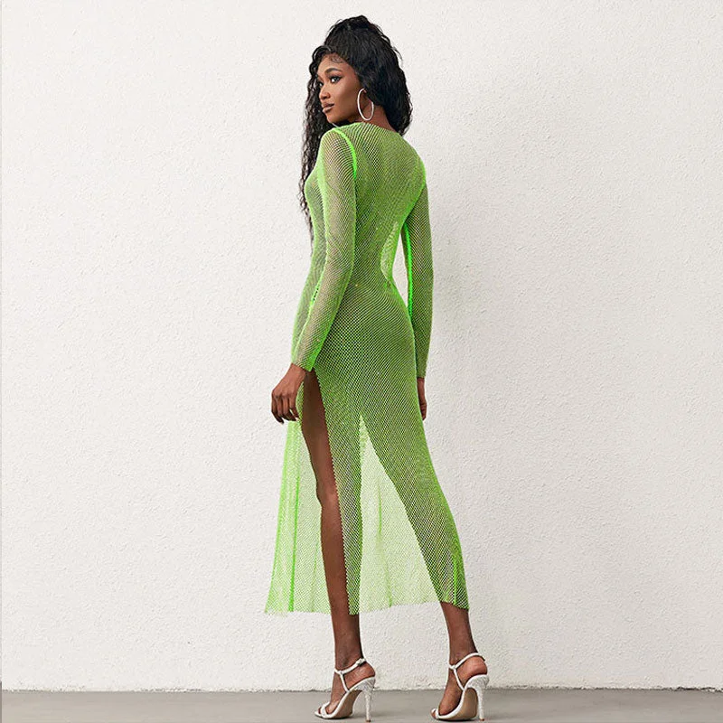 Sparkly Fishnet Crystal Embellished Long Sleeve Maxi Dress - Neon Green Stylish One-Shoulder Maxi Dress