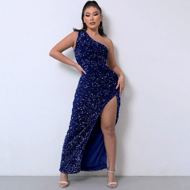 Shimmery Sequin High Split One Shoulder Gown Maxi Dress - Royal Blue Trendy Maxi Dress with Bow