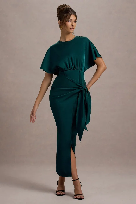 Mika | Bottle Green Satin Short-Sleeve Wrap Maxi Dress Casual Maxi Dress with Pockets