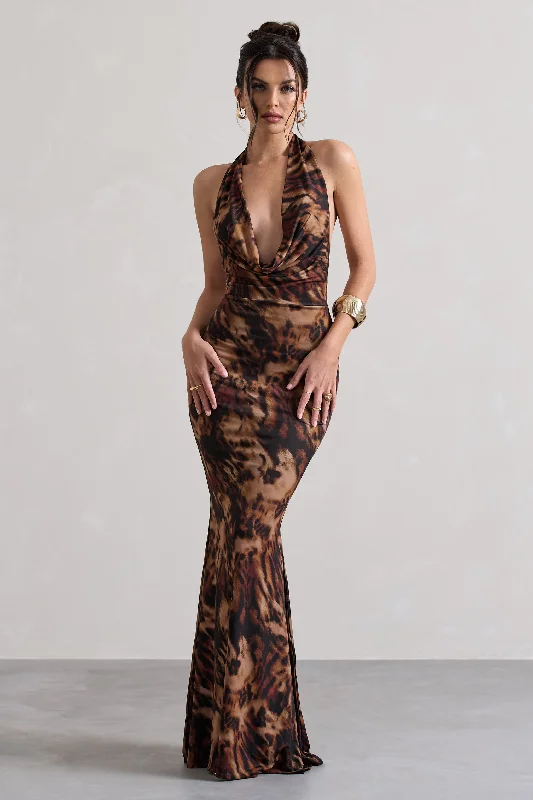 Milani | Animal Print Backless Cowl Neck Fishtail Maxi Dress Stylish A-Line Maxi Dress