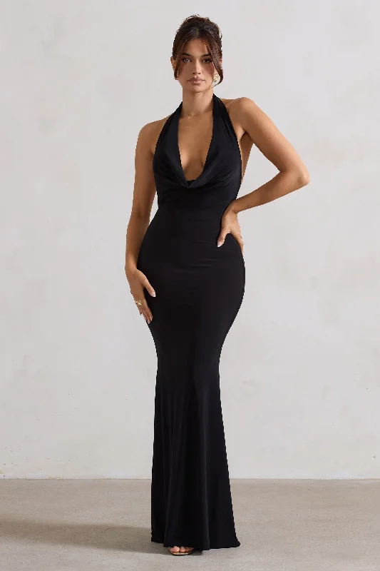 Milani | Black Backless Cowl Neck Fishtail Maxi Dress Stylish Maxi Dress with Pleats