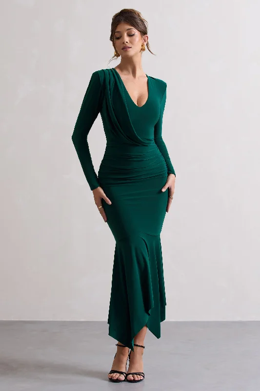 Milena | Bottle Green Plunge-Neck Maxi Dress With Draped Hem Comfortable Maxi Dress with Sleeves