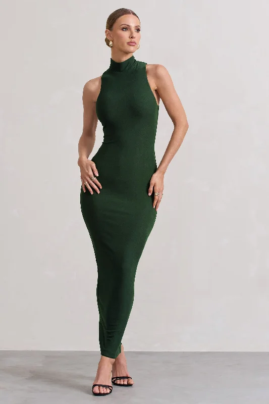 Mindy | Dark Green Bodycon High-Neck Maxi Dress Trendy V-Neck Maxi Dress