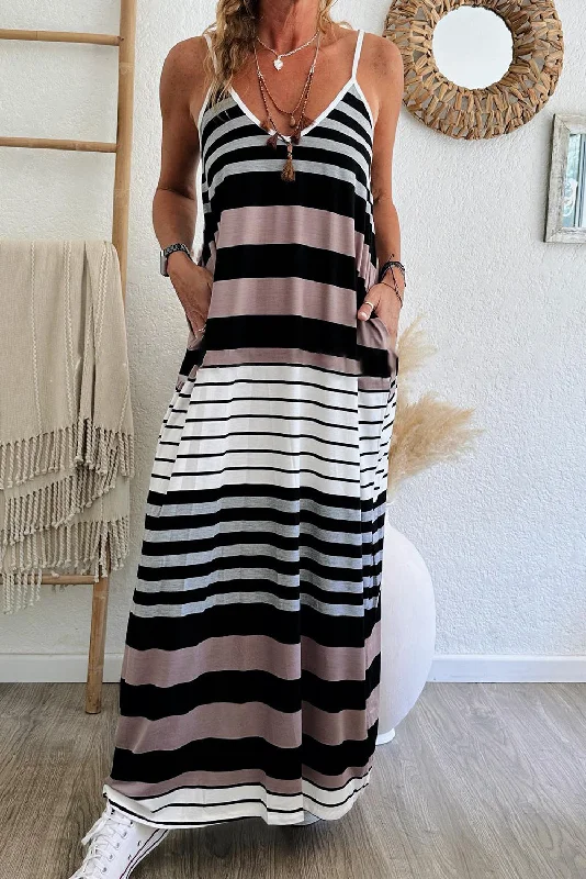 KaleaBoutique Mixed Stripes Spaghetti Straps V Neck Maxi Dress Classic Black Maxi Dress