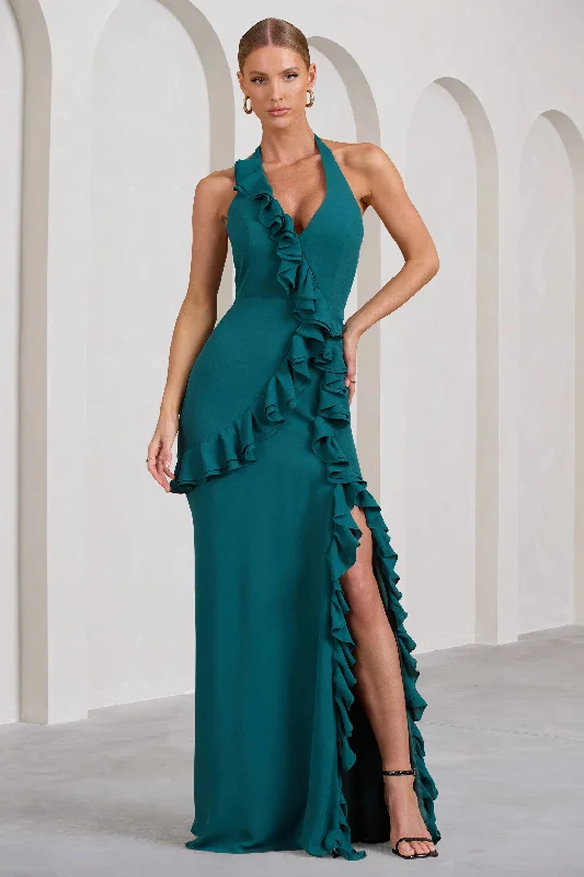 Morning | Bottle Green Ruffled Halter-Neck Split Maxi Dress Trendy Satin Maxi Dress