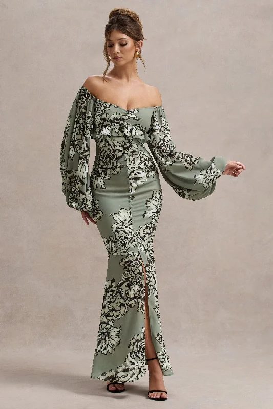 Murcia | Olive Floral Print Chiffon Puff-Sleeve Button Maxi Dress Comfortable Fit-and-Flare Maxi Dress