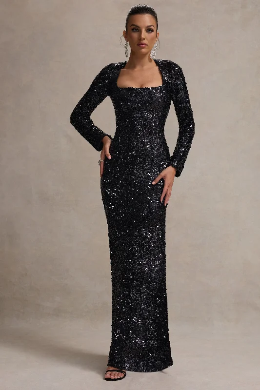 My Dream | Black Sequin Square-Neck Long-Sleeve Maxi Dress Stylish Maxi Dress with Pleats