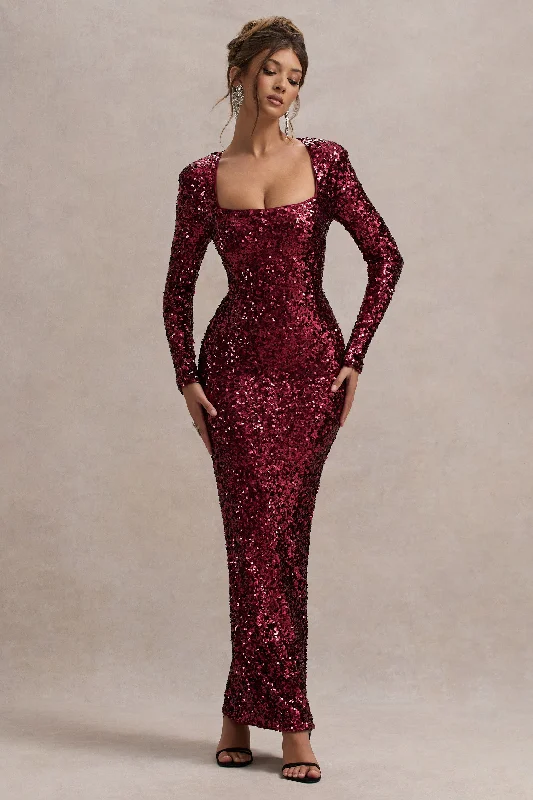 My Dream | Port Sequin Square-Neck Long-Sleeve Maxi Dress Fashionable Open-Back Maxi Dress