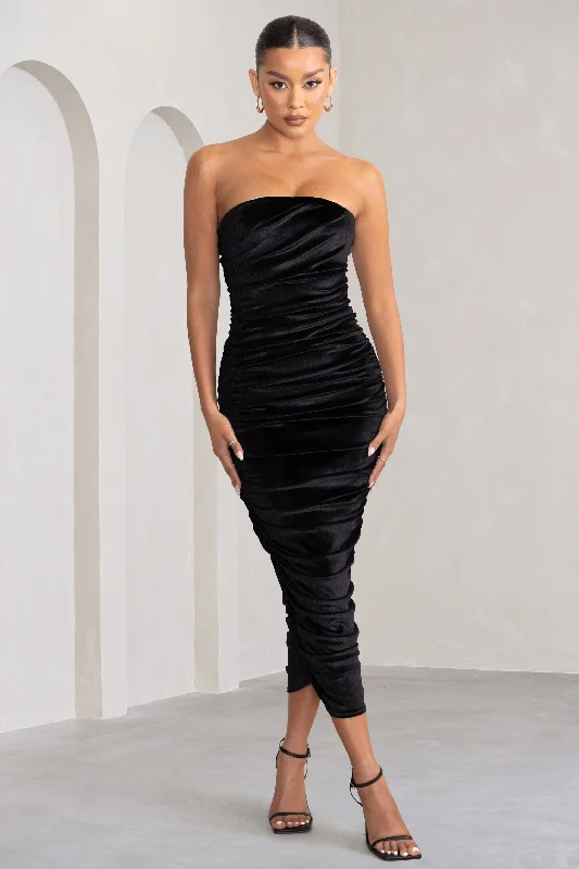 My Lady | Black Velvet Strapless Bodycon Ruched Maxi Dress Comfortable Ruffle Hem Maxi Dress