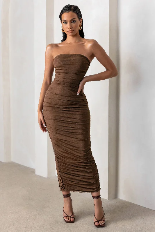 My Lady | Chocolate Brown Strapless Bodycon Ruched Mesh Maxi Dress Cozy Knit Maxi Dress