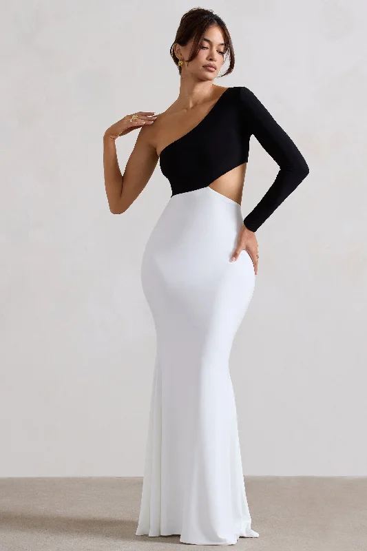 Nantes | Black & White Asymmetric One-Sleeve Cut-Out Maxi Dress Stylish Maxi Dress with Pleats