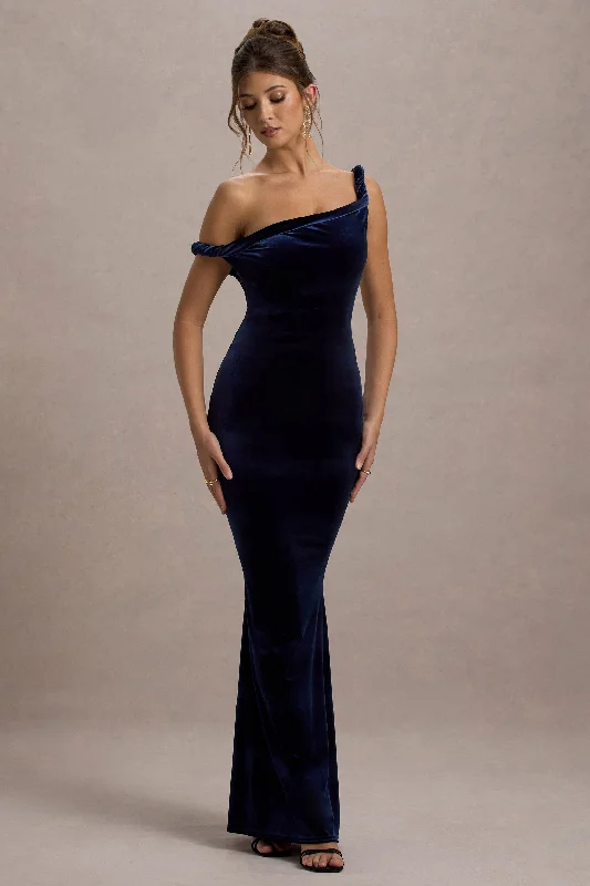 Neeka | Navy Velvet Twisted Asymmetric Maxi Dress Elegant Wraparound Maxi Dress