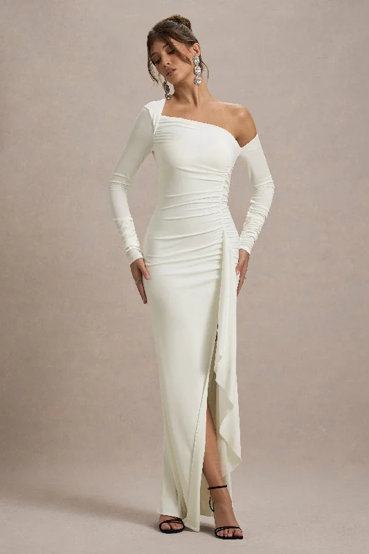 Nerina | Cream Asymmetric Long-Sleeve Split Maxi Dress Fashionable High-Low Maxi Dress