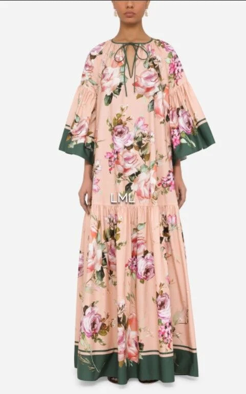 Bohemian Floral Lace-Up Flare Sleeve Maxi Dress Comfortable Plunging Neckline Maxi Dress