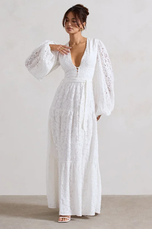 Nixie | White Lace Puff-Sleeve Layered Maxi Dress With Belt Fashionable Maxi Dress with Fringe